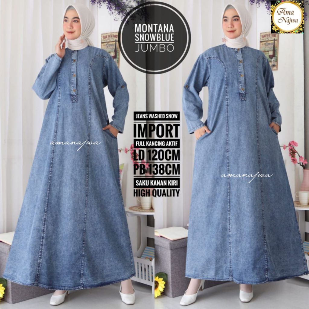 MONTANA JUMBO DRESS JEANS LD120 LD130 LD140 GAMIS MUSLIMAH TERBARU KOREAN STYLE KEKINIAN POLOS CASUA