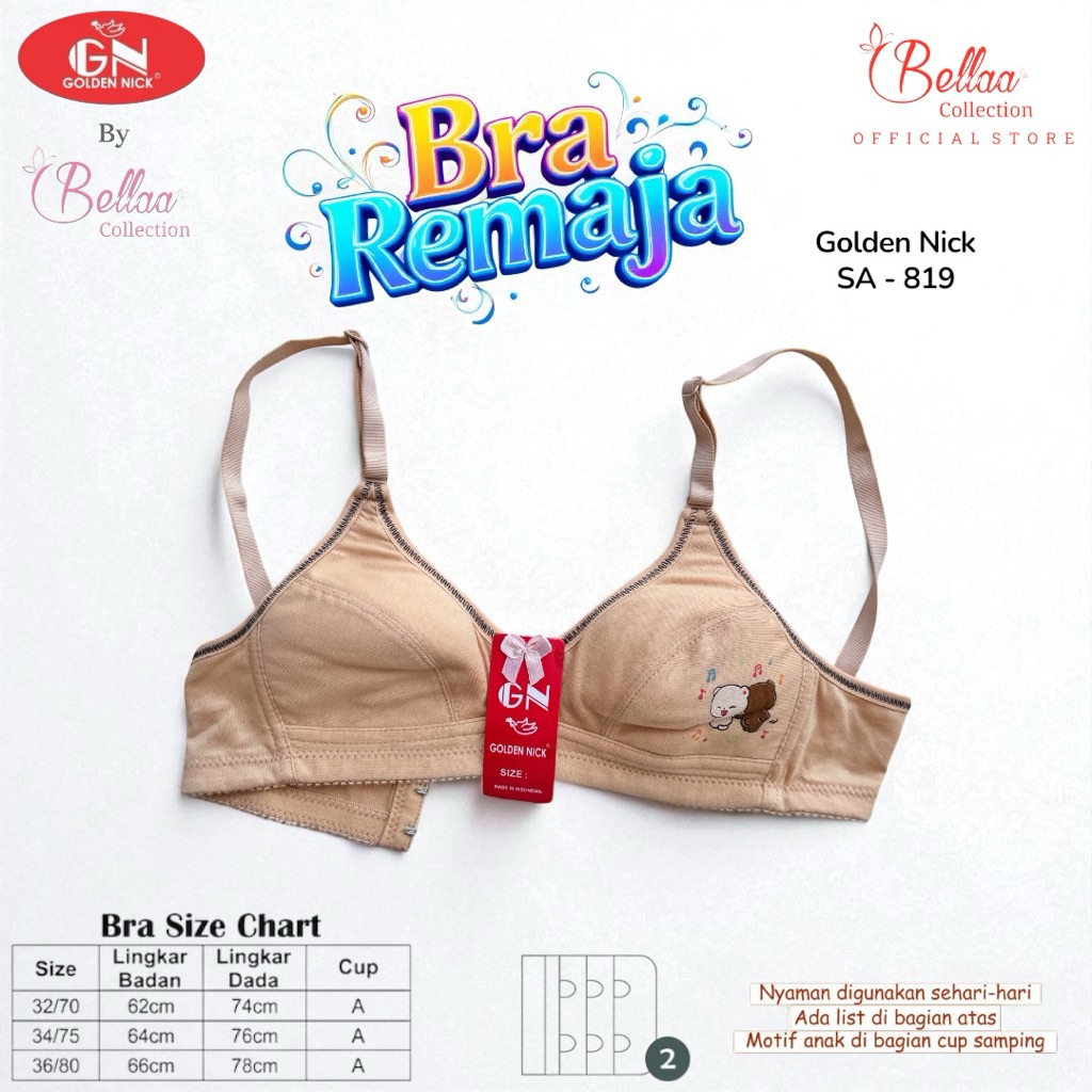 Bra Remaja Golden Nick SA-819 | Bra Tanpa Kawat Tanpa Busa Katun Adem Motif Lucu Lis Cup A