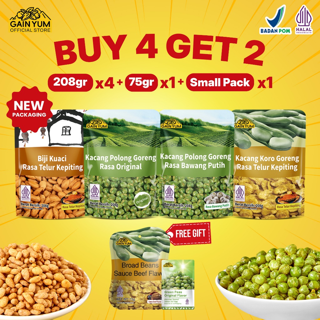 

Gain Yum - All Variants Mix 208g Mix Kacang Polong Kacang Koro dan Kuaci Kupas 208g