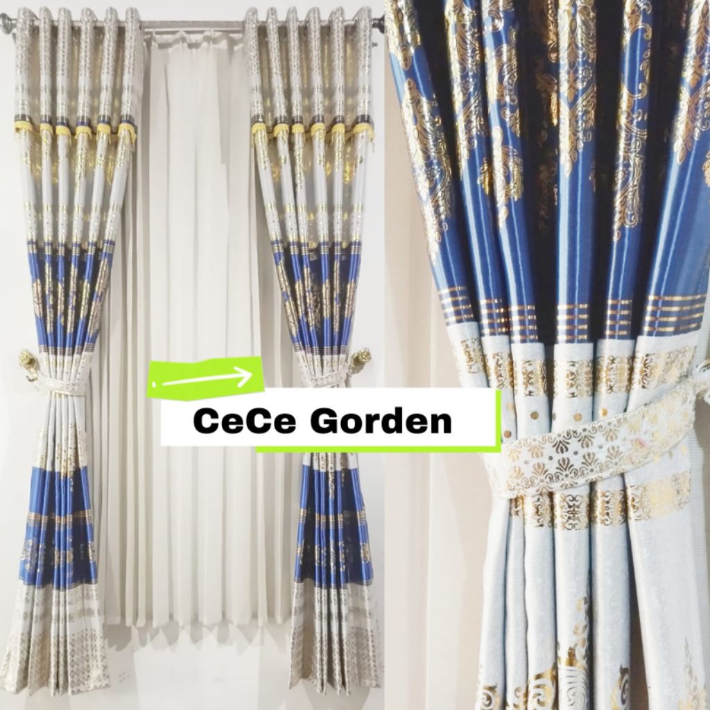 Gorden Poni Tempel Bahan Blackout Motif Tinta Mas Biru Cerah