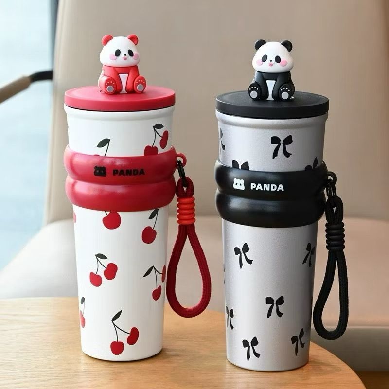 Mug Tumbler Stainless Steel SUS 304 Motif Panda Lucu 700ml Free Gantungan + Boneka Panda M 2113