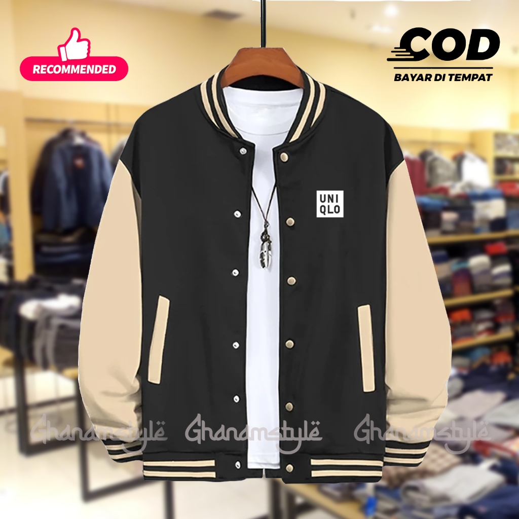 Jaket Varsity Unqlo Logo Dada Putih - Varsity resleting pria wanita bahan tebal adem keren - Jaket b