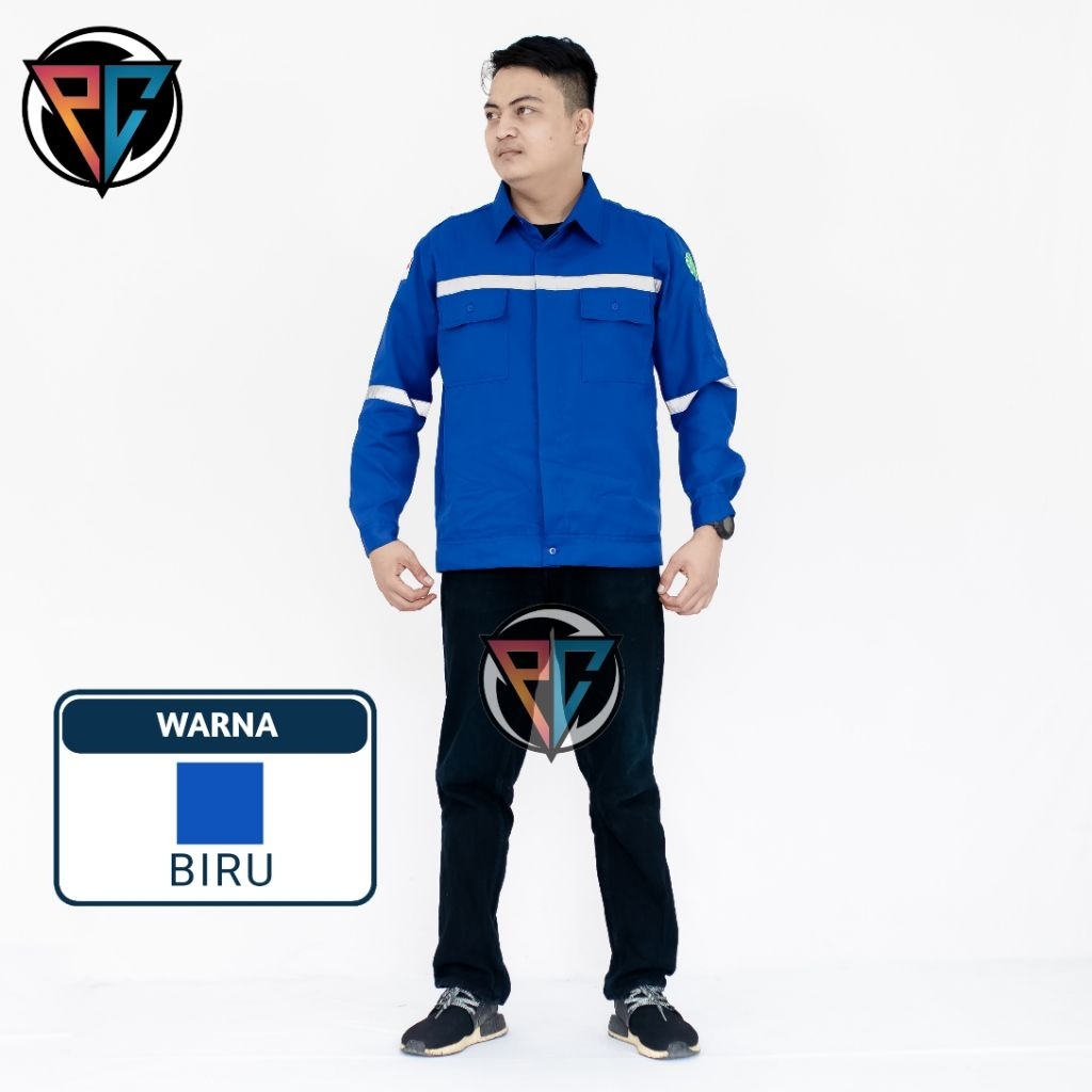 Kemeja safety warna Biru lengan panjang baju safety lengan panjang wearpack safety lengan panjang