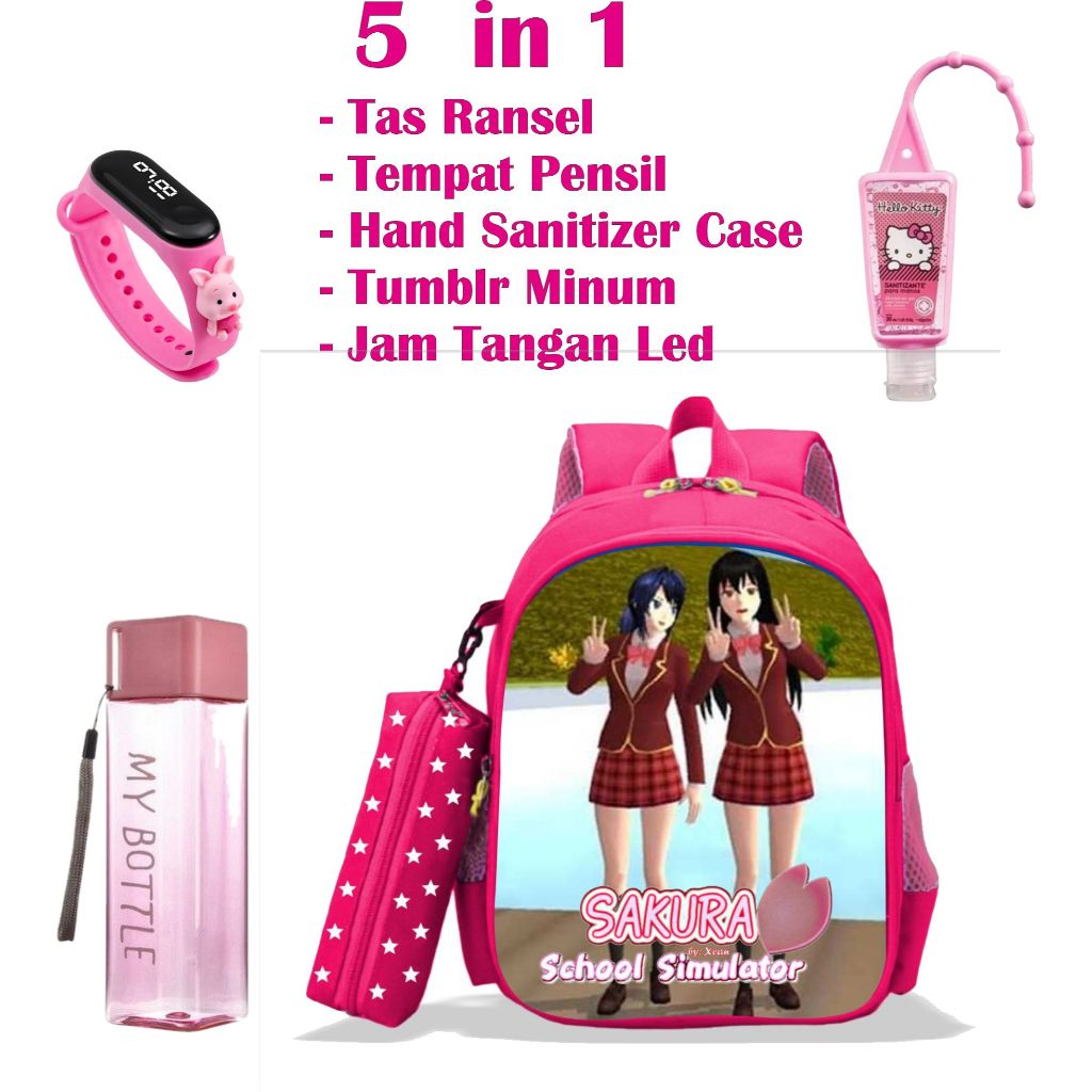 Paket Tas 5 in 1 Ransel Sekolah Anak Perempuan TK & SD Karakter Game SAKURA SCHOOL SIMULATOR
