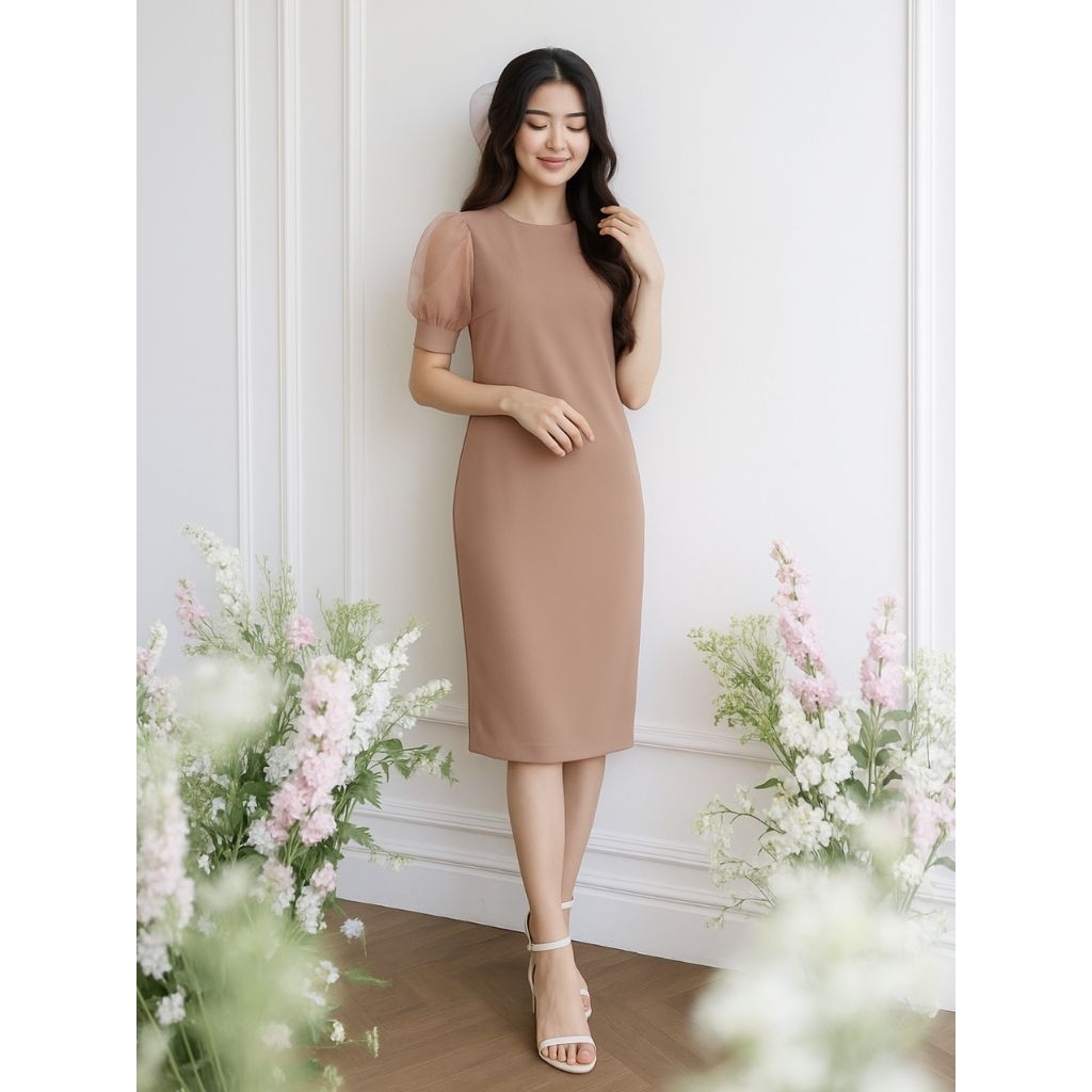 Dress Scuba Bodycon Elegant Lengan Balon Gaun Pesta, Kondangan, Dress Kantor Kasual Semi Formal Gia 