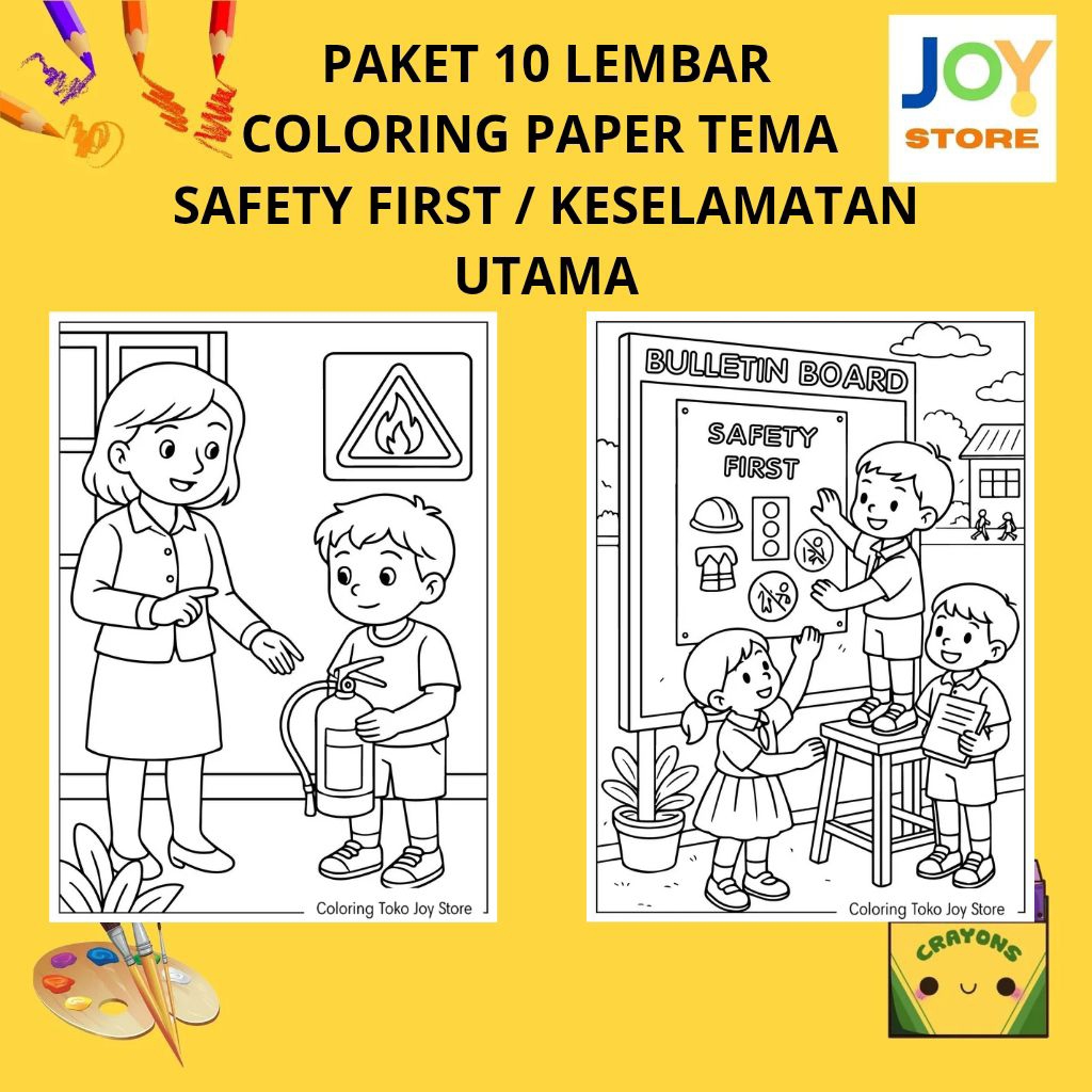 

PAKET 10 Lembar Kertas Gambar Mewarnai Tema Safety First / Keselamatan Utama Ukuran A4 150 gsm - Coloring Paper 150