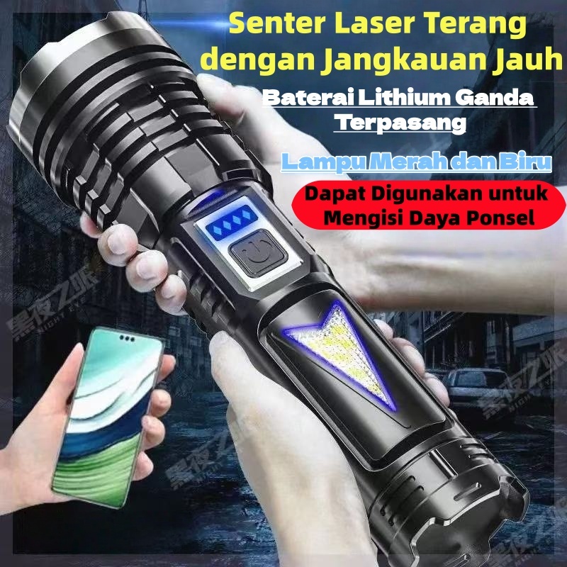 Senter LED Super Terang 10000 Lumen, Jangkauan Jauh, Ringan, Tahan Air, Senter Laser Jarak Jauh deng