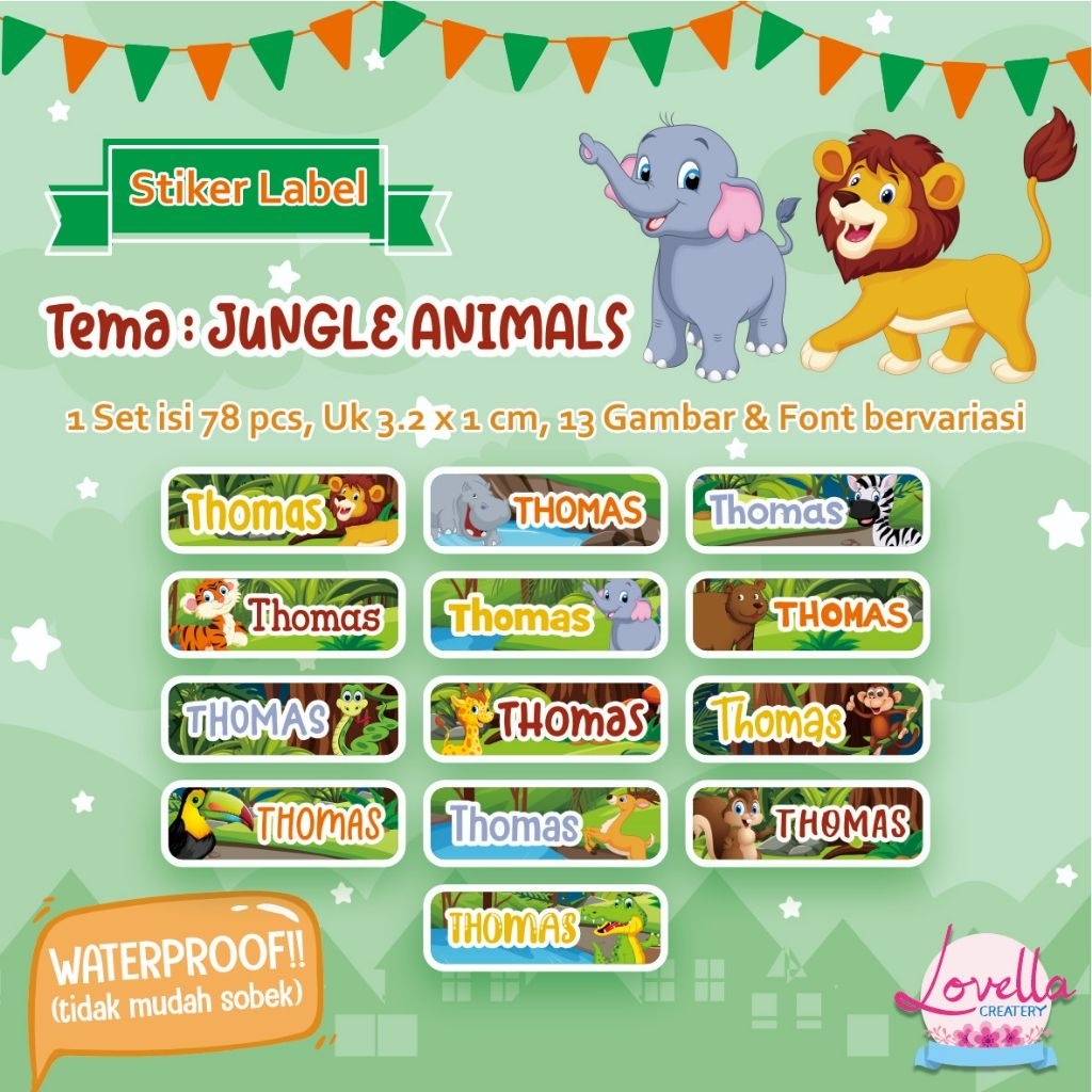 STIKER NAMA ANAK / STIKER NAMA WATERPROOF TEMA JUNGLE ANIMALS