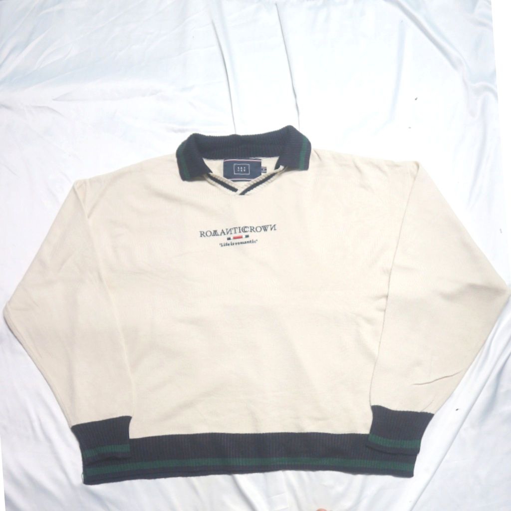 ROMANTIC CROWN Preppy Collar Knit Oversized Unisex  Cream Oatmeal Adem Korean Idol Knitwear Sweater 