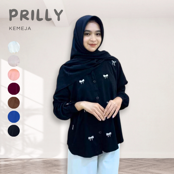 Kemeja Shirt Atasan Wanita Remaja Dewasa Lengan Panjang Pita Bordir rayon Twill Korean Style Casual 
