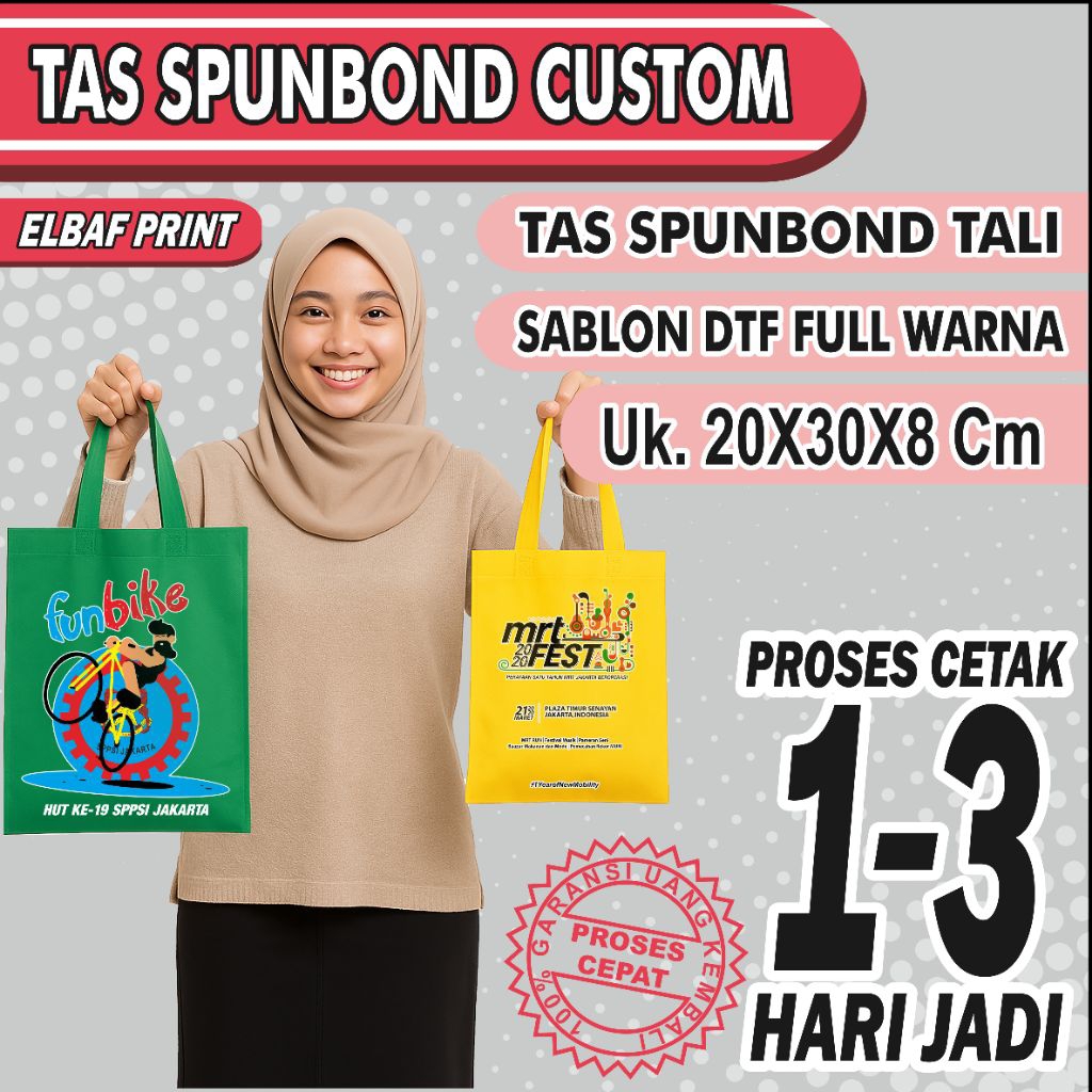

Tas Spunbond Tali (HLS) 20x30x8cm Sablon DTF FULL COLOR Custom FREE DESIGN