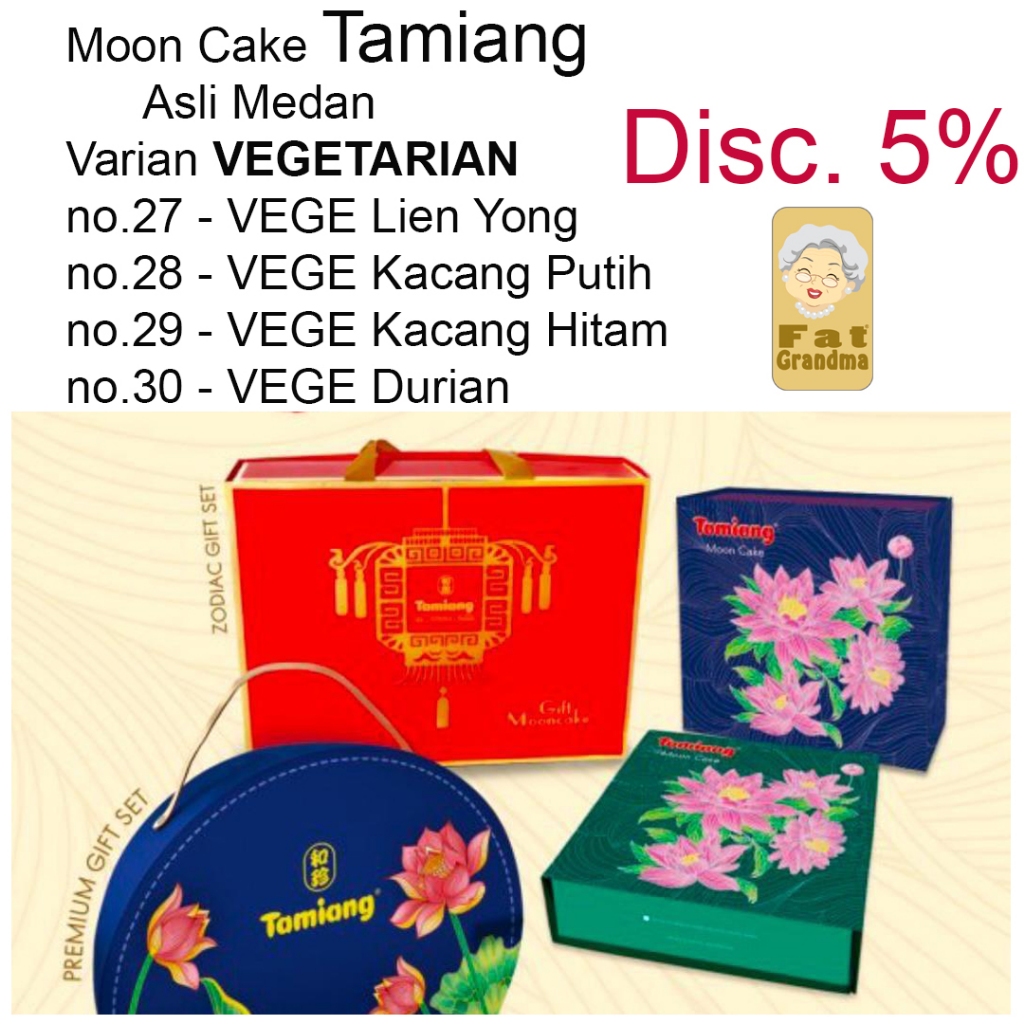 

Moon Cake Damai Kue Bulan TAMIANG Disc 5% VEGETARIAN Kacang Putih Kacang Hitam Tausa Durian Lien Yung Lotus