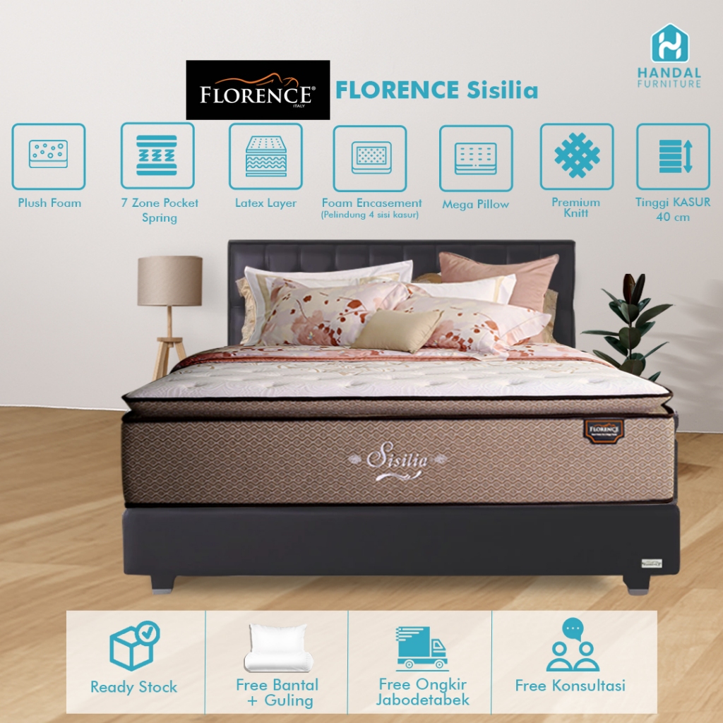 Kasur Springbed Florence Sisilia 100x200, 120x200, 160x200, 180x200, 200x200 Pocket Anti Guncang Lat