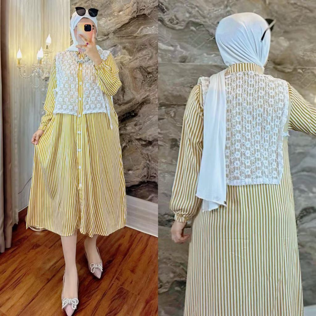 MIDI Dress Salur Mix Brukat Renda Gamis Wanita Termurah Katun Import
