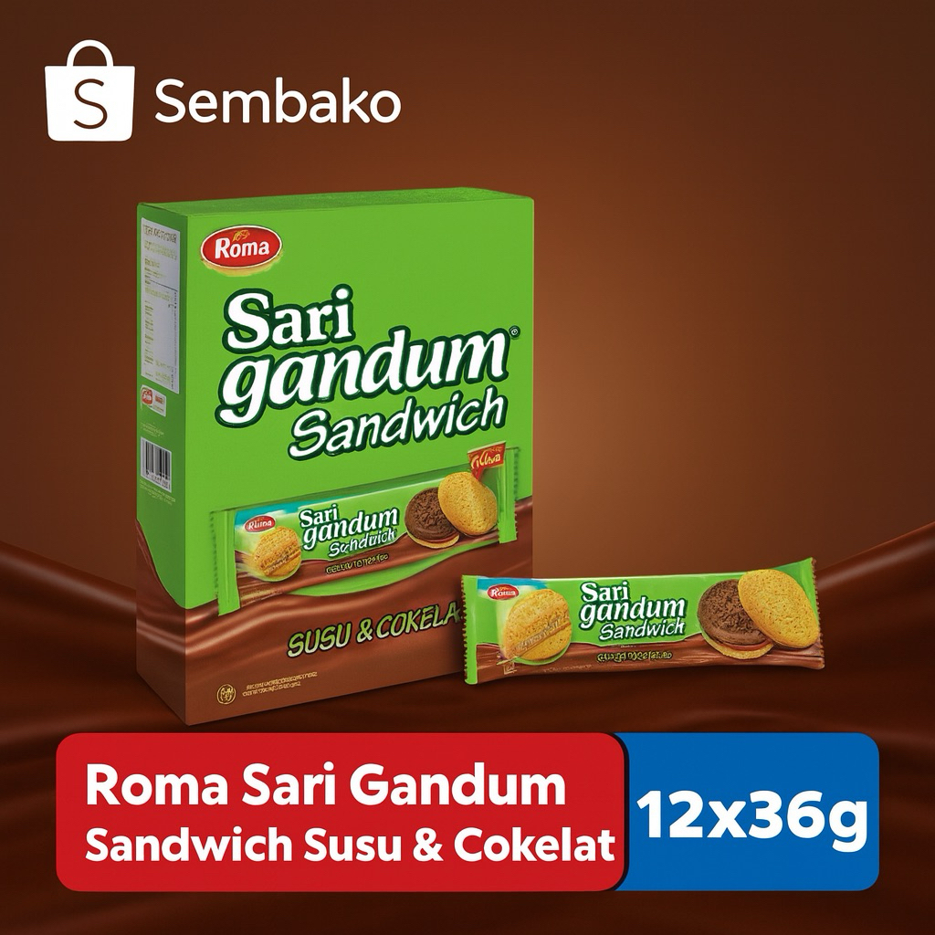 

Roma Biscuit Sari Gandum Sandwich Susu & Cokelat Box 12x36g