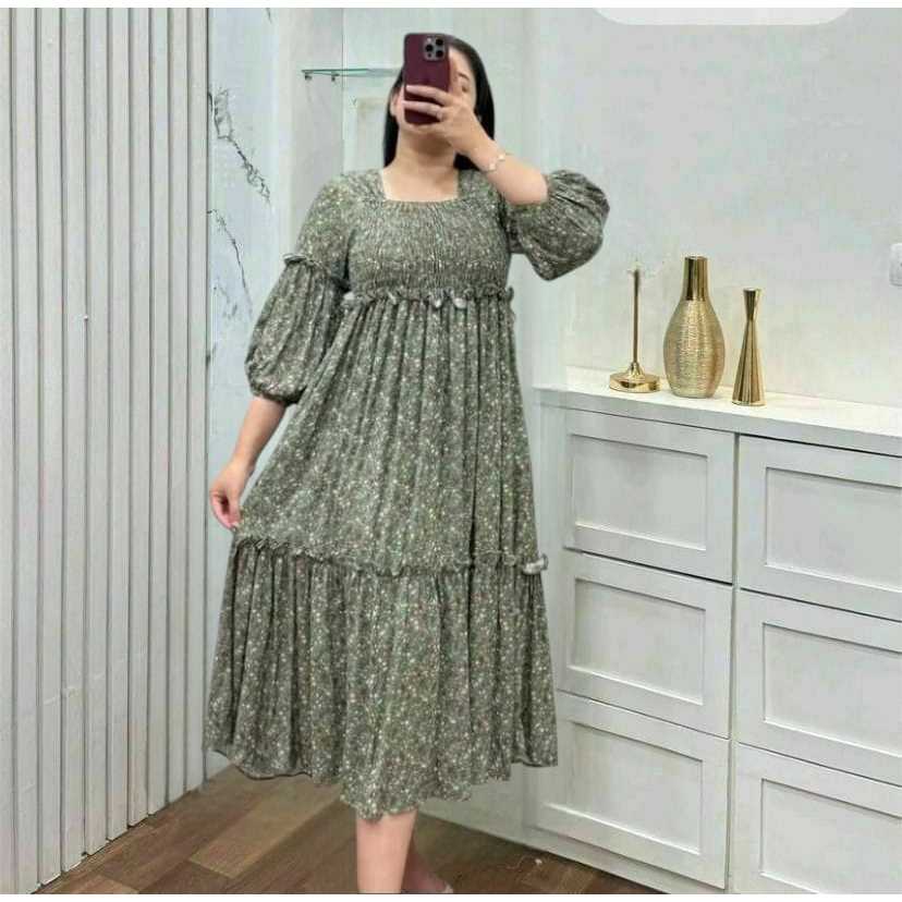 Dress Sabrina Rayon Wanita Jumbo Smoke Kekinian by Zahra_Fashion