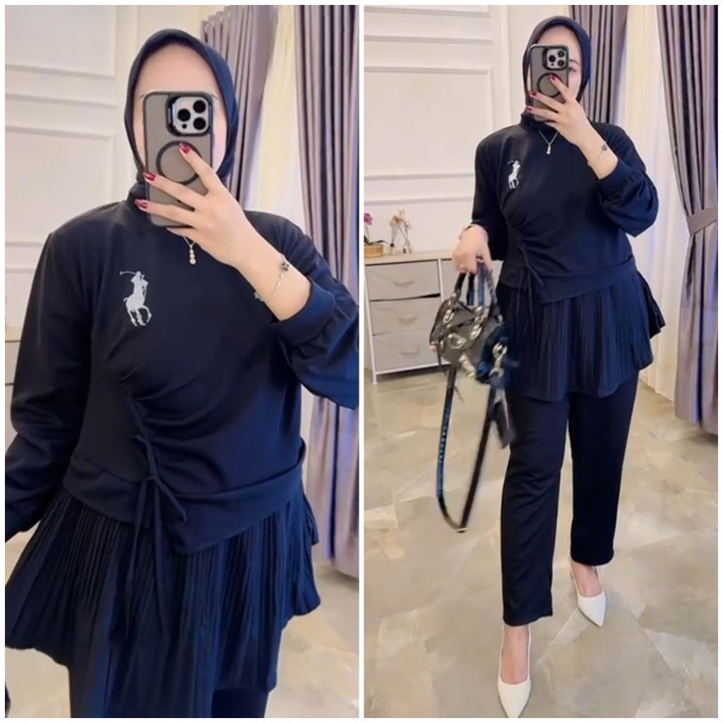 setcel wanita atasan plisket kaos knit rajut import bordir kekinian