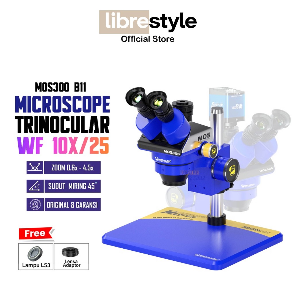 MECHANIC MOS 300-B11 Microscope Stereo Trinocular - Mikroskop Original MOS300-B11 Lensa adaptor keme