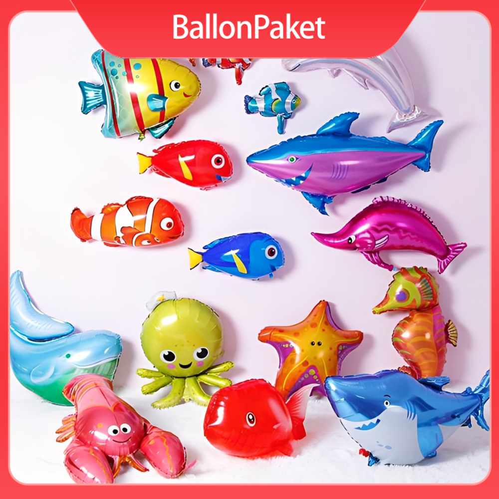 Balon Foil Jumbo Binatang Laut Ikan Gurita Lobster Kuda Laut Hiu / Bulat Sea Animal / Balon Bentuk H