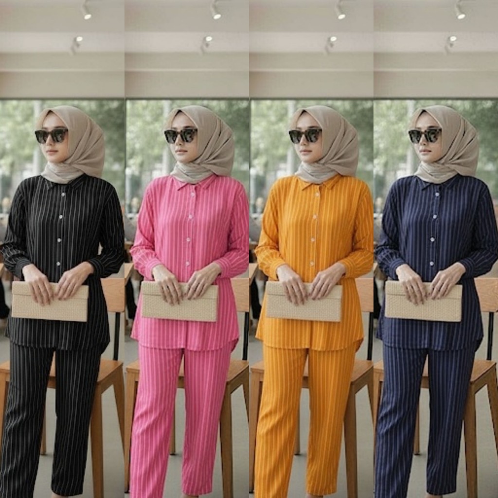 RMC - Setelan Wanita Muslimah Stripe Biru – Kemeja & Celana Casual Hijab Outfit