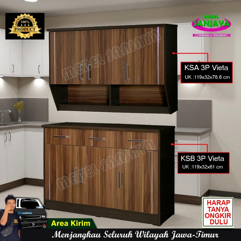 Lemari Dapur set 3 Pintu Atas Bawah Warna Coklat Kayu