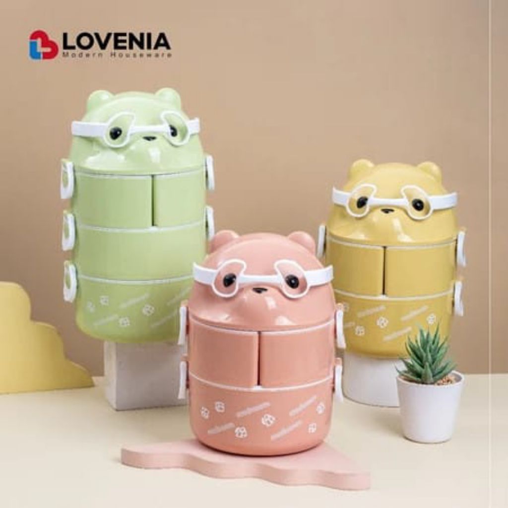 Lovenia RANTANG PANDA Sekat 4 Susun bonus Sendok Makan Plastik - Lunch Box Beruang Karakter Sekat 4 