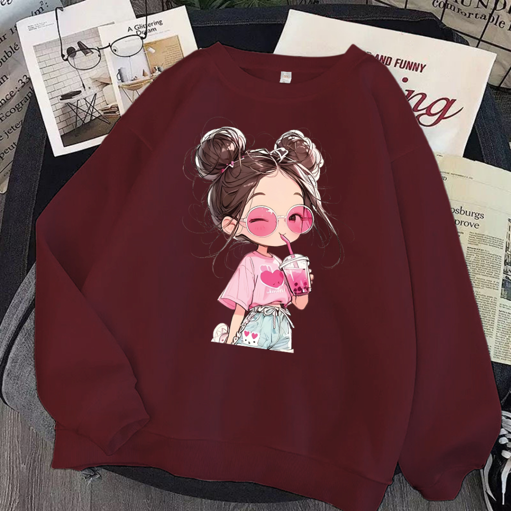 YSBuyer Sweater Lengan Panjang Bahan Cotton Gambar Karakter Pink Girl Aesthetic Lucu