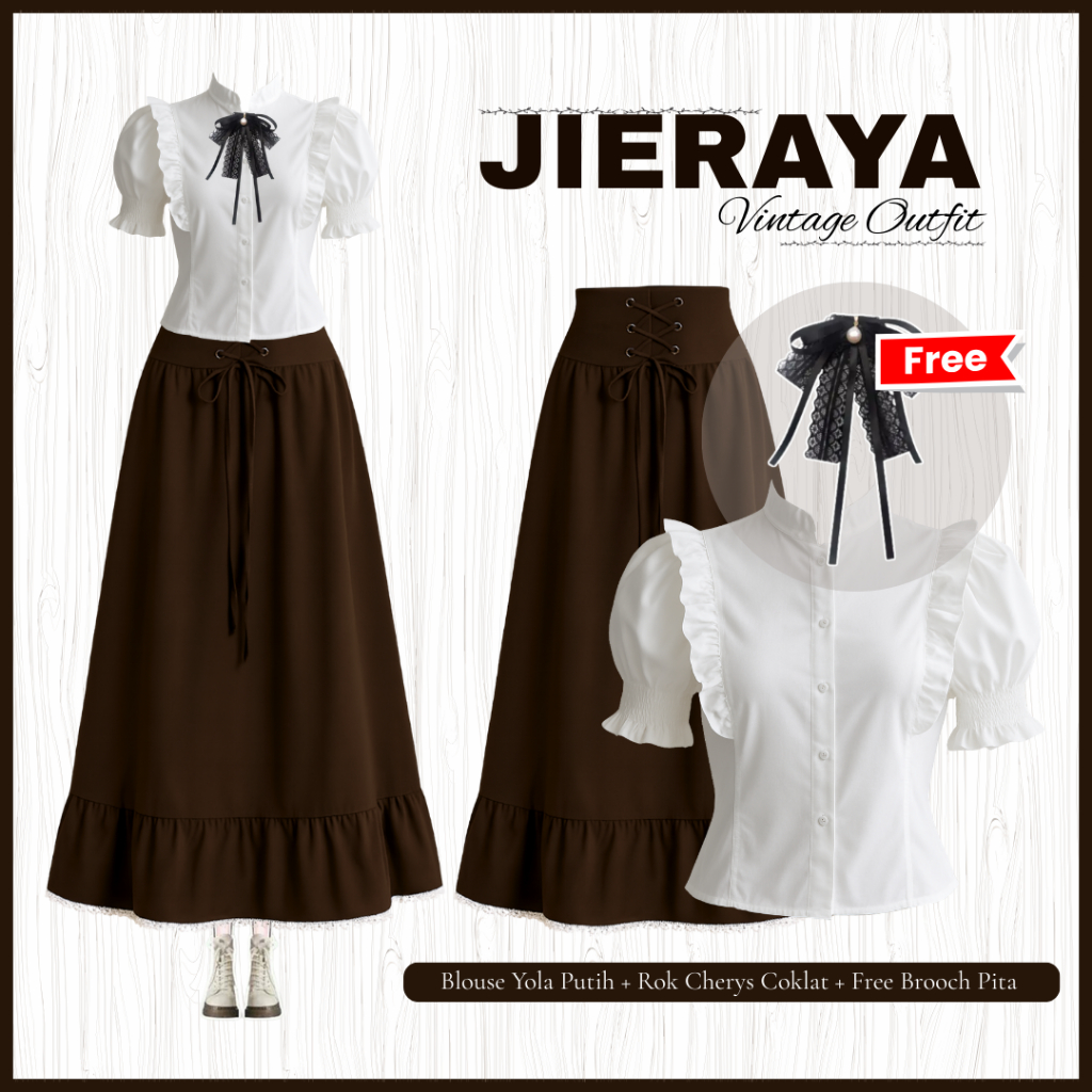 [Non Hijab] Setelan Vintage Outfit | Set Blouse Yola + Rok Cherys Coklat + Brooch Pita| Chiky069