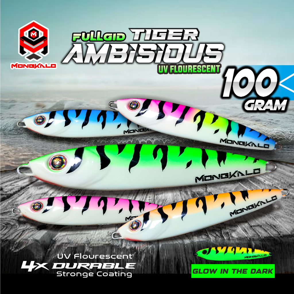Umpan Metal Jig 100 Gram MONGKALO AMBISIOUS TIGER Full GID Fospor Metaljig 100gram 100g Umpan Jiggin
