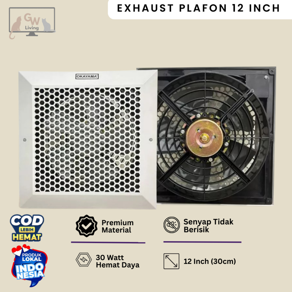 Okayama Exhaust Fan Plafon Kipas Hexos 12 Inch 10 Inch Hemat Daya Tidak Berisik