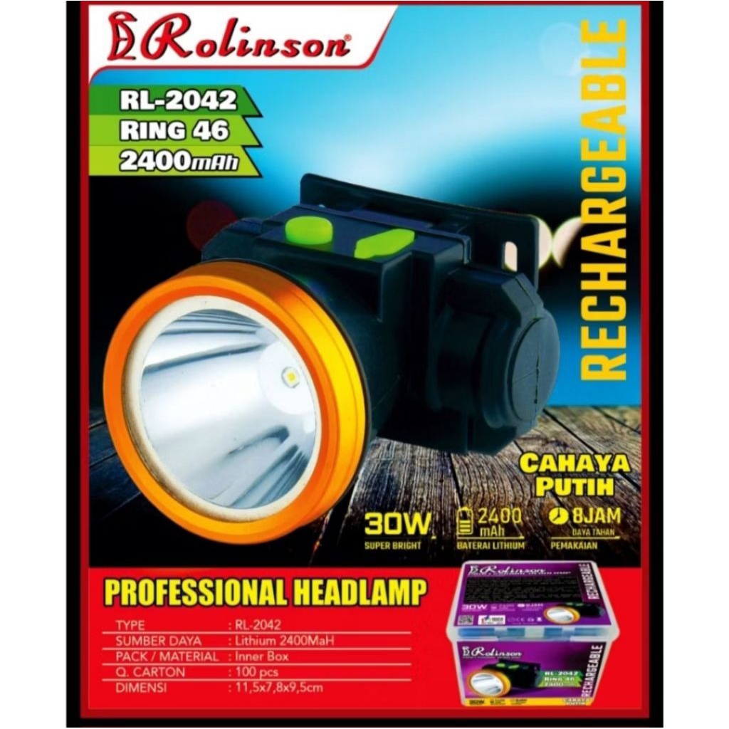 Senter Kepala LED 30 Watt Cahaya Putih Rolinson RL-2042 Headlamp LED