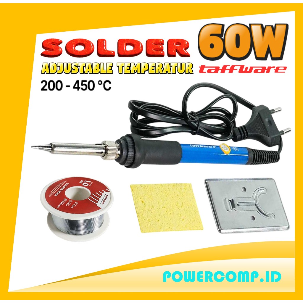 Solder Taffware 60 Watt Bisa Atur Suhu 200-450°C + Gratis Timah Solder, Tatakan Besi, Spons – Paket 