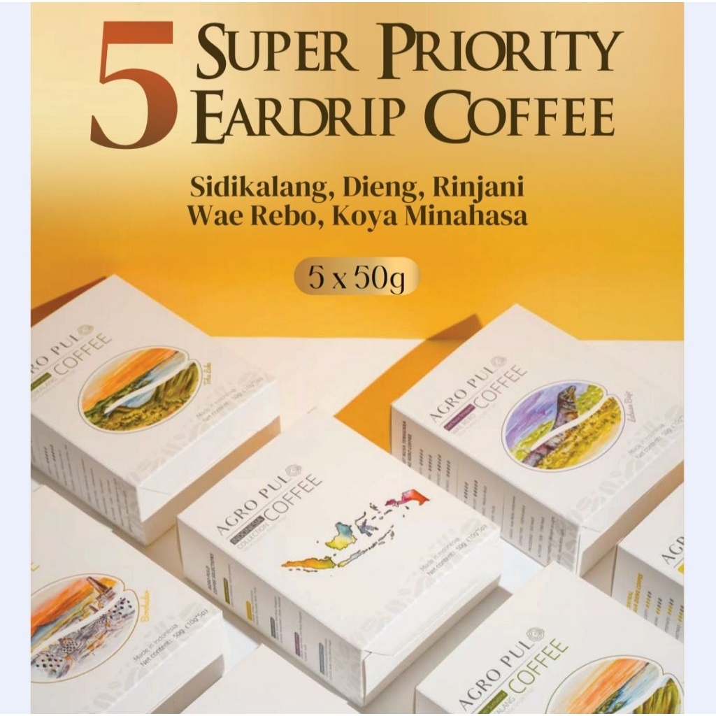 

Agro Pulo Eardrip Coffee 5x10gr ( 50gr ) Super Priority Kopi Ear Drip AgroPulo Sidikalang Sumatra Dieng Jawa Tengah Rinjani Nusa Tenggara Barat NTB Wae Rebo Nusa Tenggara Timur NTT Koya Minahasa Sulawesi kopi non luwak