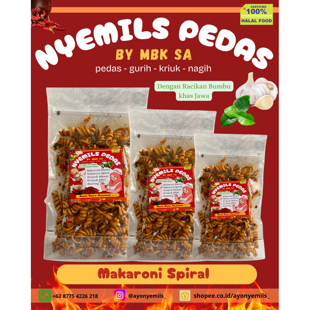 

Makaroni Sepiral 70gr Pedas Daun jeruk Bumbu Khas Jawa