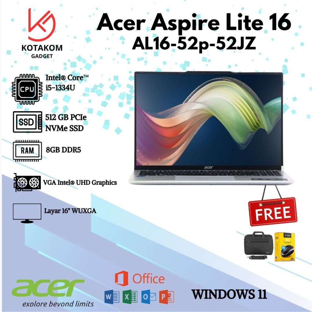 LAPTOP TERBARU Acer Aspire Lite 16 AL16-52p-52JZ with Intel i5-1334u and 8GB RAM and 16inch WUXGA IP