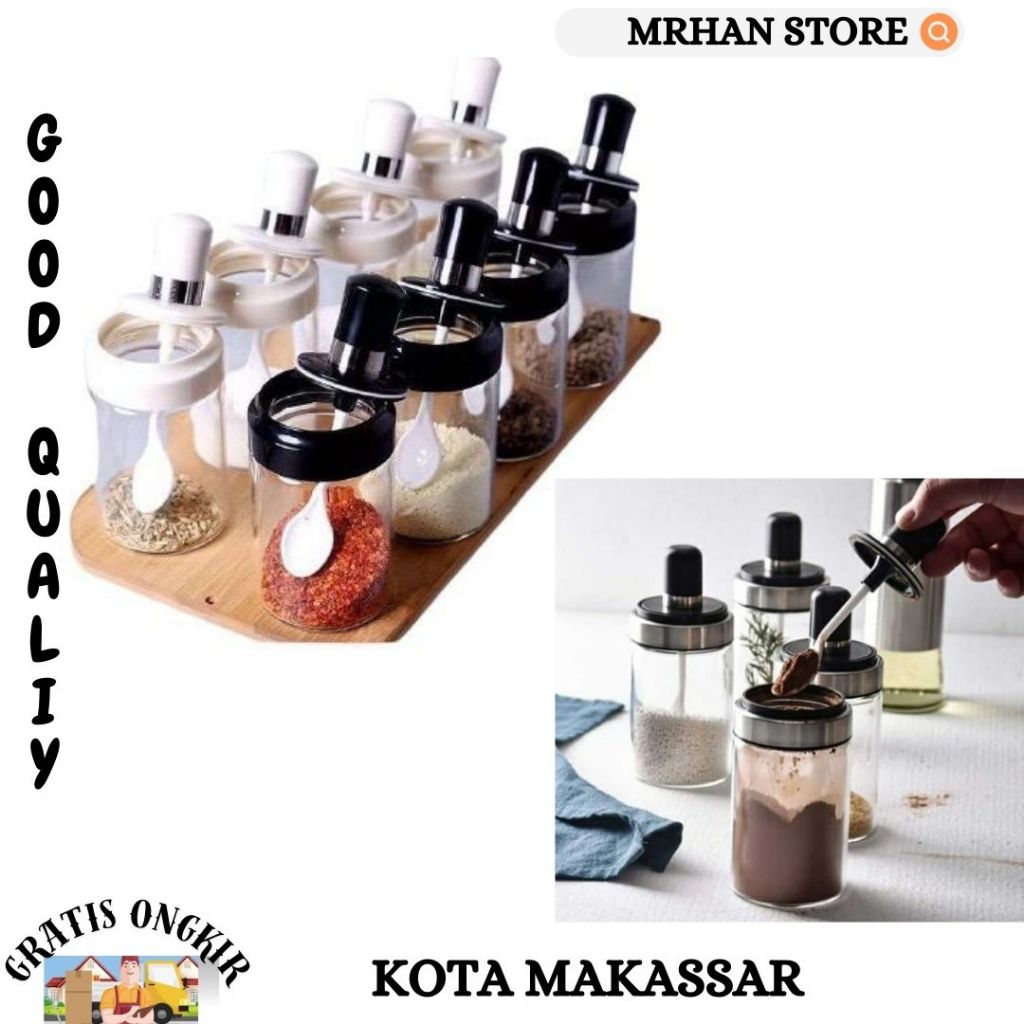 Botol Bumbu Kaca/ Botol Bumbu Dapur Tempat bumbu + sendok Wadah Bumbu Bahan Tebal Kaca/Botol Bumbu D