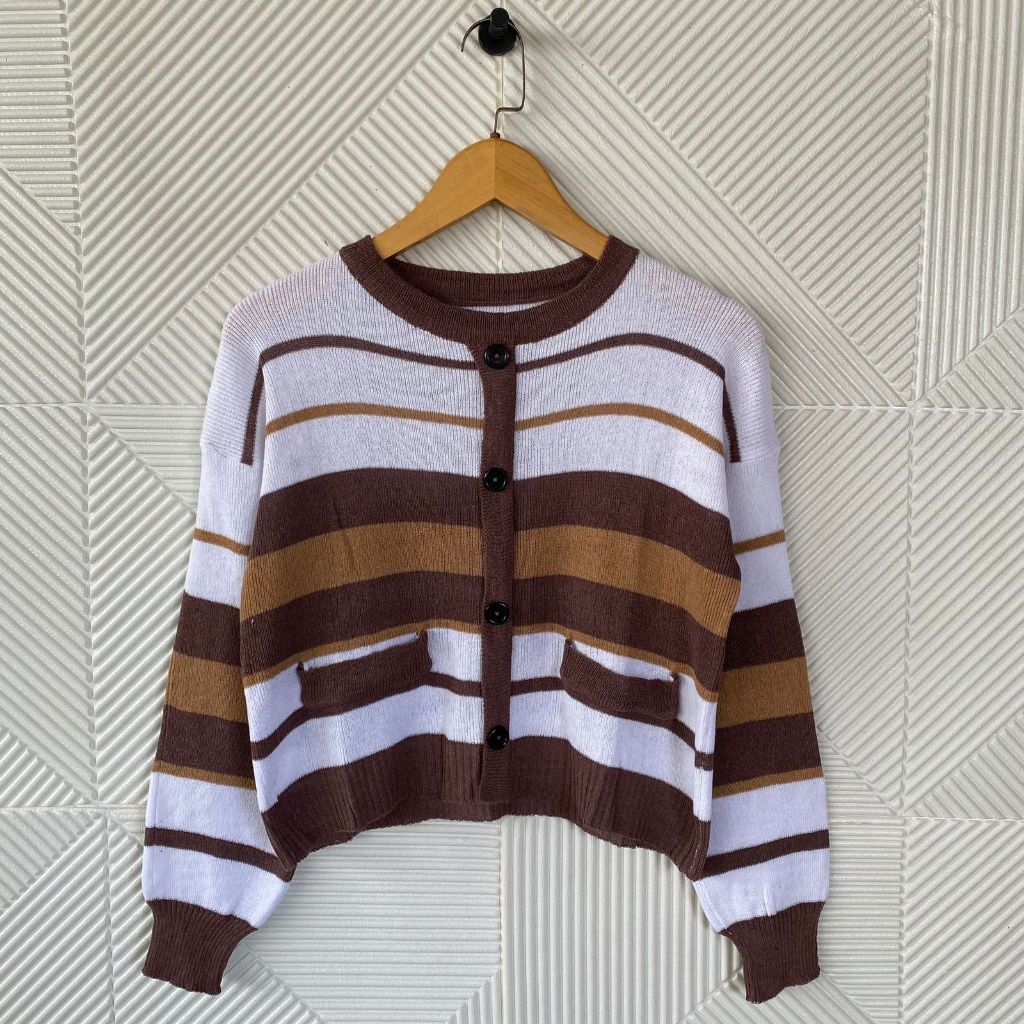 Shabhira Bkp 20 - Atasan Rajut Kancing Lengan Panjang / Cardigan Wanita garis / Pakaian Rajut Wanita