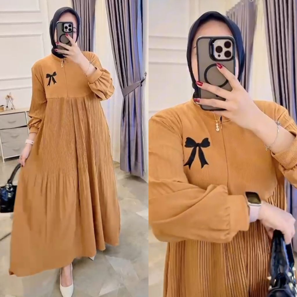 gamis muslim plisket kaos knit rajut import bordir cantik busui