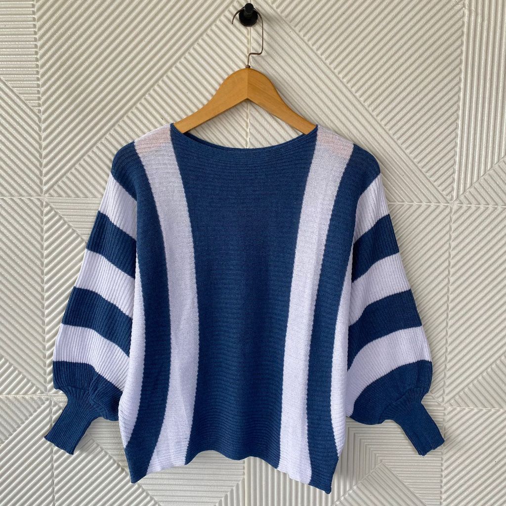 Syafiqa - Lamira Rajut Batwing Garis / Blouse Oversize Wanita / Atasan Rajut Wanita Jumbo Big Size