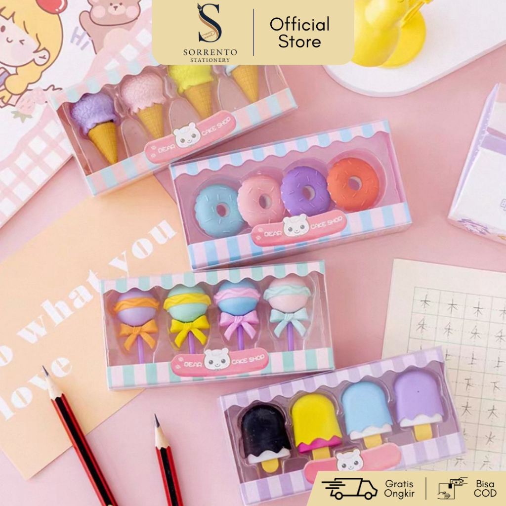 

Set 4 pcs Penghapus 3D Makanan - Eraser Es Krim Stik Lolipop Cone