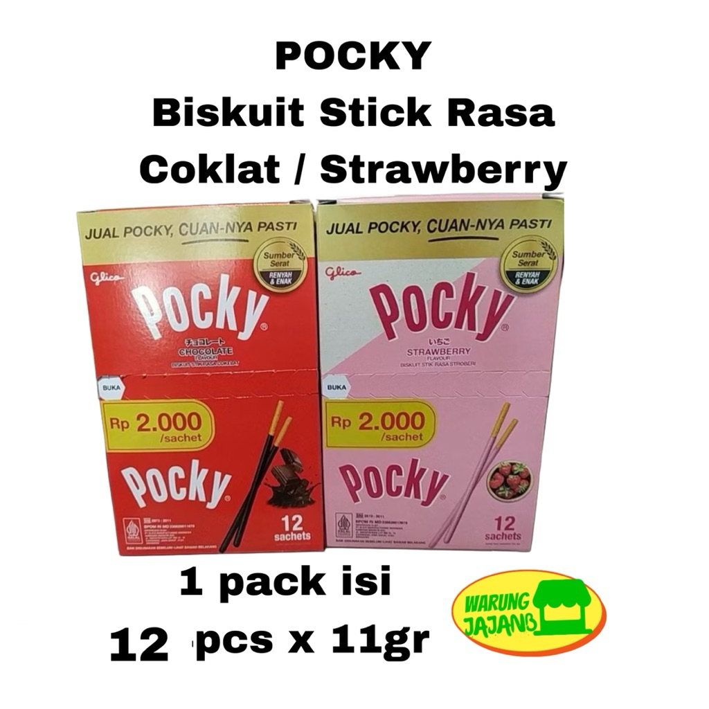 

Snack Pocky 2.000 1 Box Isi 12 Pcs x 11gr Biskuit Stick Rasa Cokelat dan Strawberry Camilan Masa Kini