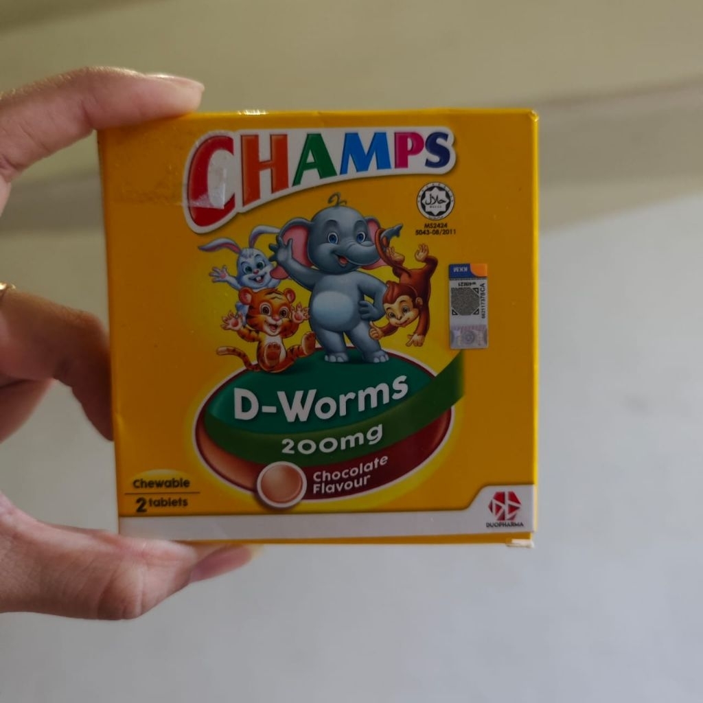 Champs D-worms 200mg rasa coklat isi 2tablet kunyah exp 2028