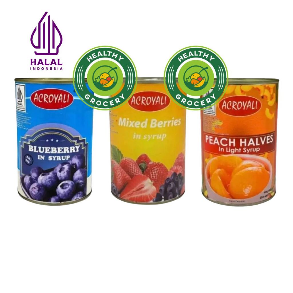 

Acroyali Canned Mixed Berris In Syrup 415gr / Yellow Peach Halves In Light Syrup 425gr / Bluberry In Syrup 415gr