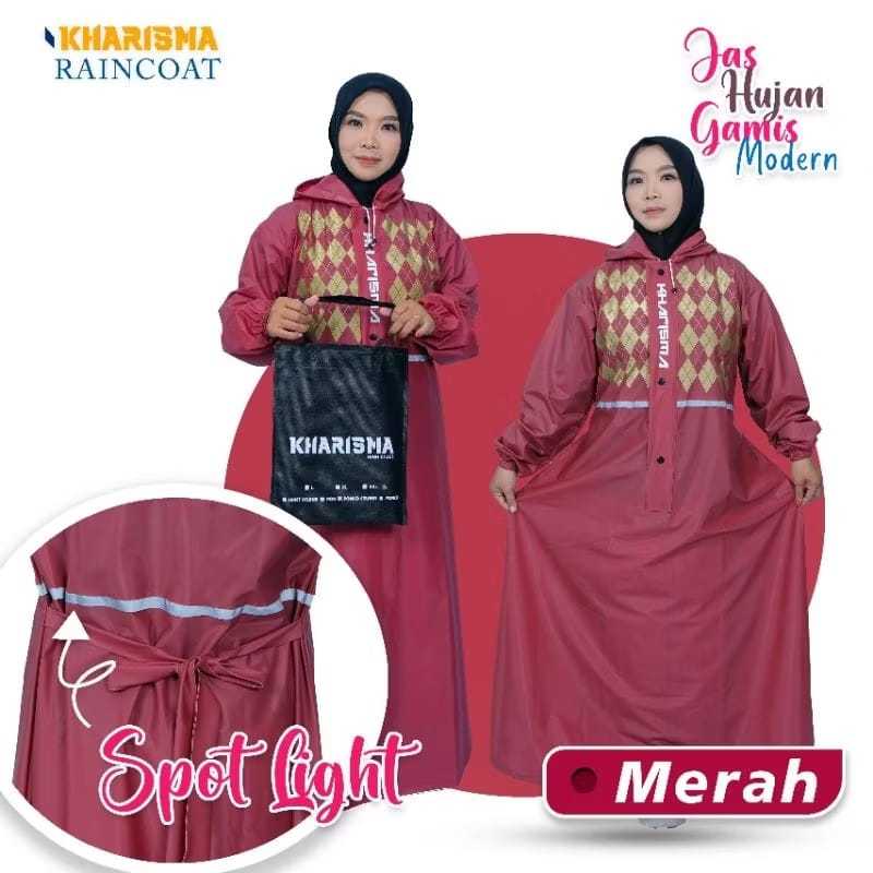 KHARISMA Jas Hujan Gamis Motif Wanita Muslimah Raincoat/Jas hujan Maroon