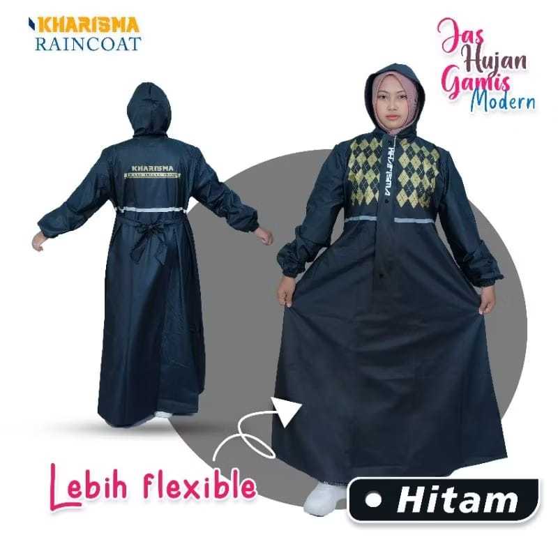 KHARISMA Jas Hujan Gamis Motif Wanita Muslimah Raincoat Hitam/Jas Hujan