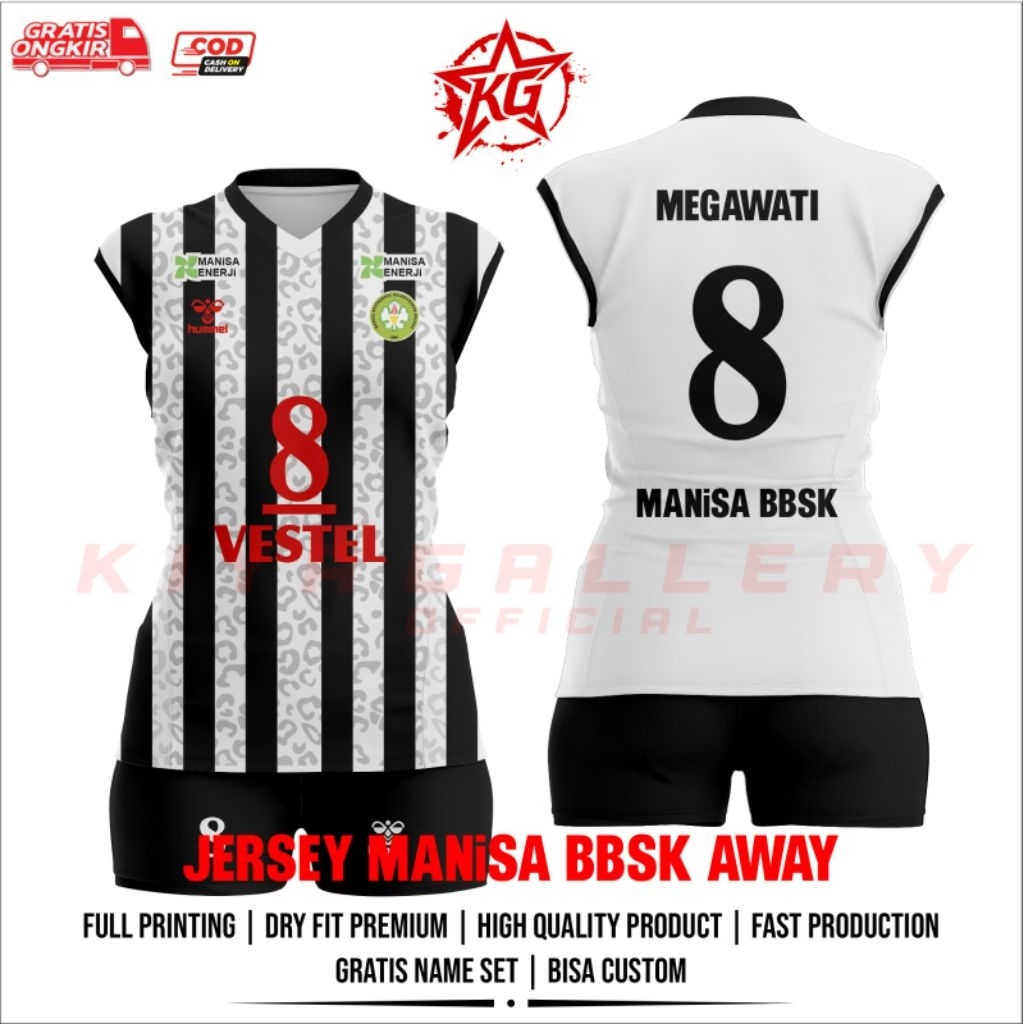 JERSEY BAJU VOLI WANITA MANISA BBSK HITAM PUTIH FULL PRINTING GRATIS NAMA DAN NOMOR