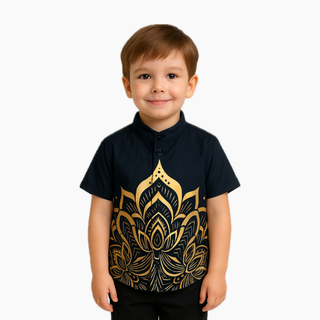 Bronkis Junior Kemeja Koko Anak Laki Laki Lengan Pendek Bahan Polyester Premium Warna Hitam Motif Vi