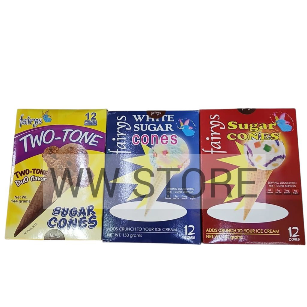 

Contong wafer untuk es krim halal Filipina Pilipina Philippines fairys WHITE / SUGAR / TWO - TONE DUo Flavor Flavour Wafer Cones isi 12pcs