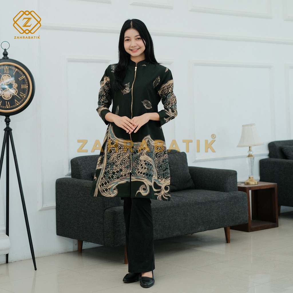Batik Zahra-Tunik Wanita-Motif Kalpataru Warna Hijau Army