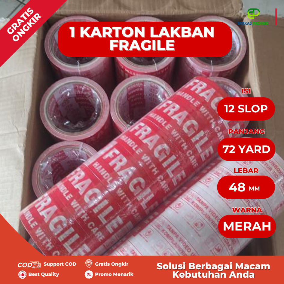 

(1 KARTON ISI 12 SLOP) Lakban Fragile Kuat Ekonomis 48 mm x 72 Yard - Merah Putih Daya Rekat Kuat Berkualitas Paling Dicari Lakban Packing